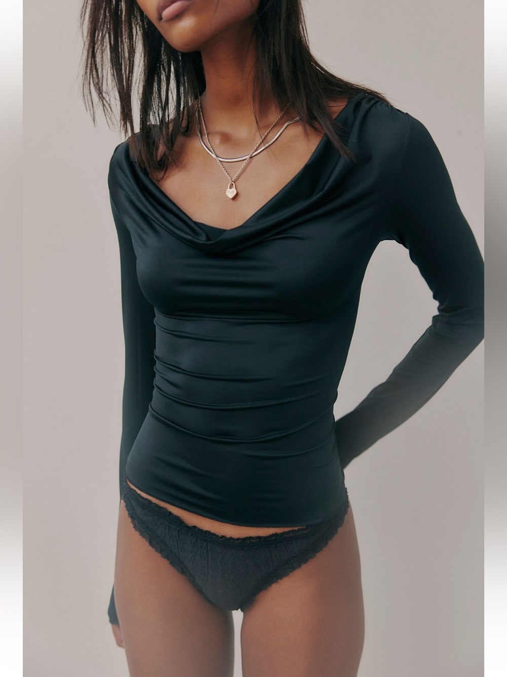Free People Black Draped Cowl Neck Long-Sleeve Top
